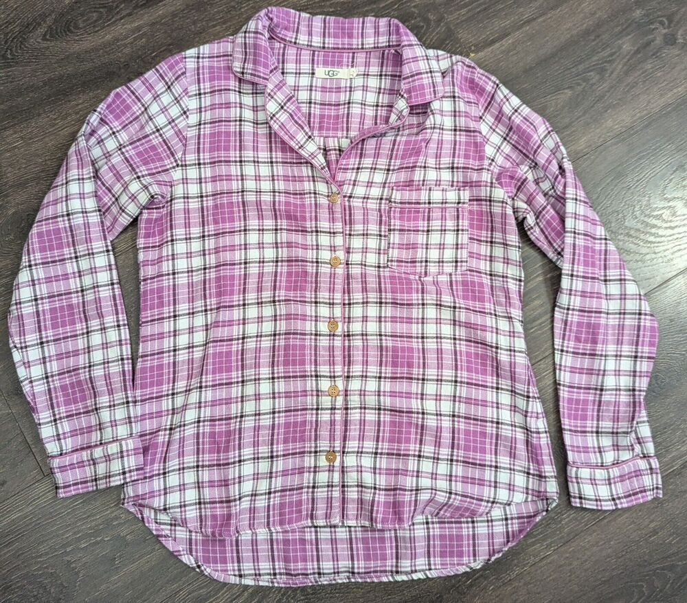 UGG Pajama PJ Top Women's M Pink Plaid Cotton Flannel Notch Collar